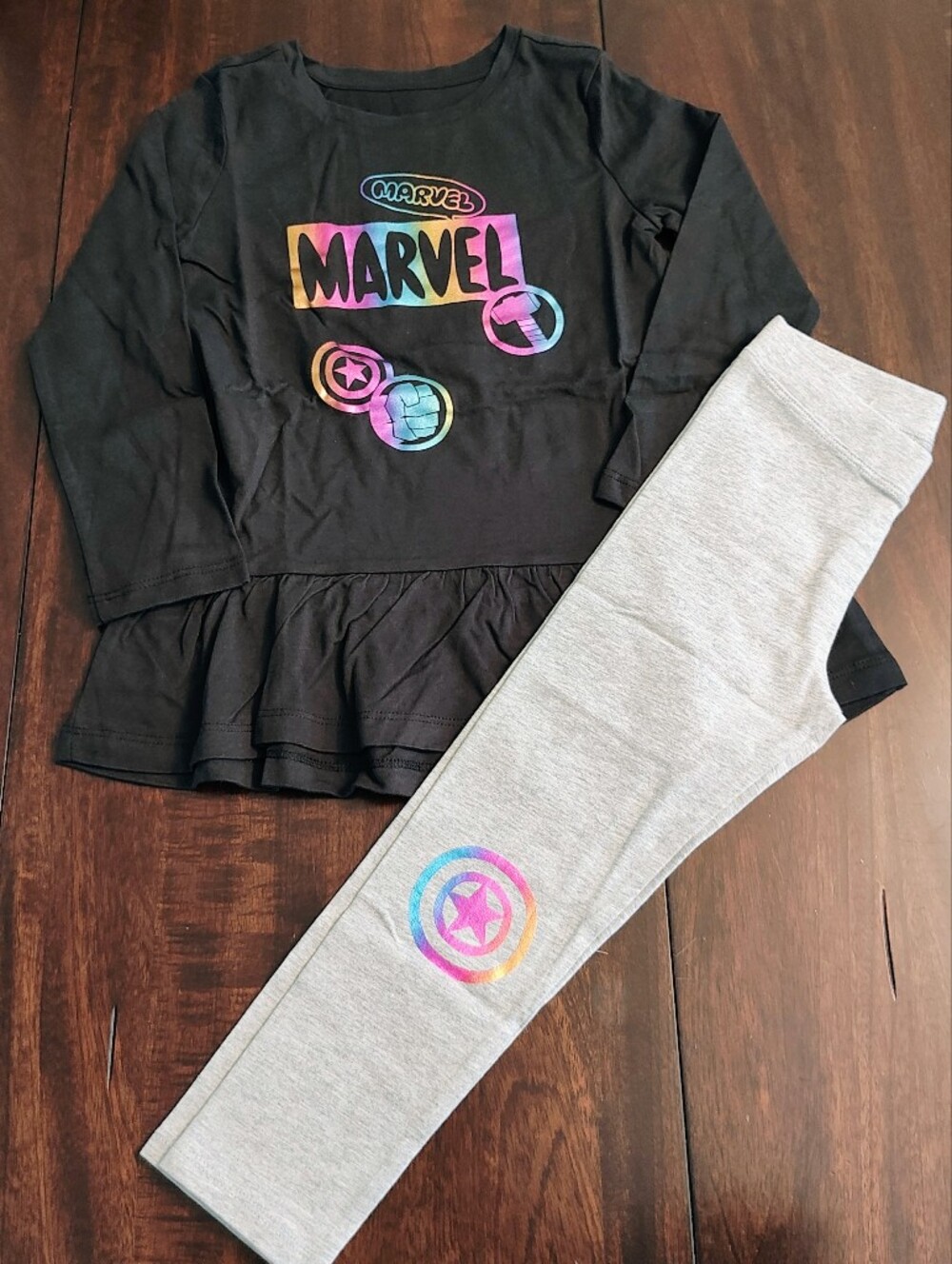 Marvel Girls Black Top with Rainbow Logo and Gray Leggings